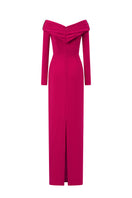 Pink crepe de Chine V-neck gown with draped details, designed by I.H.F, shown in a dark pink color.