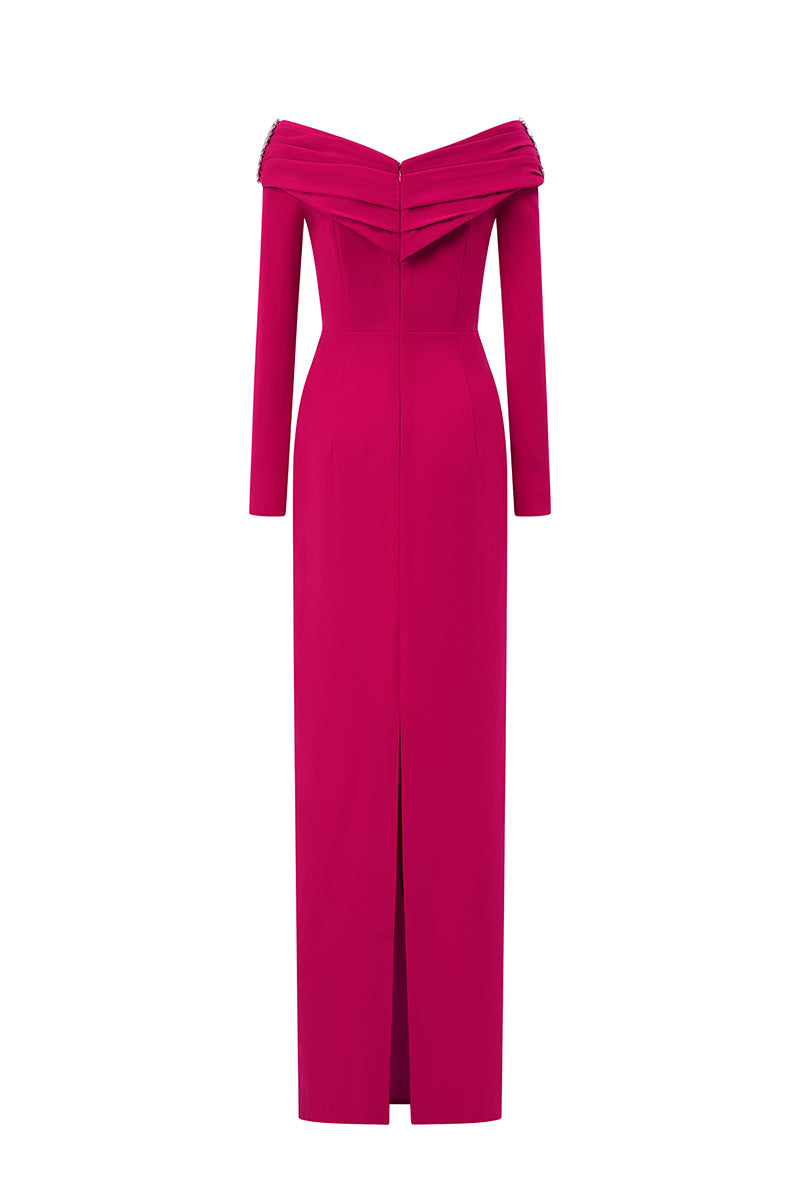 Pink crepe de Chine V-neck gown with draped details, designed by I.H.F, shown in a dark pink color.