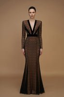 Black V-neck mermaid gown with lace and velvet from I.H.F, featuring long sleeves and elegant plunge style.