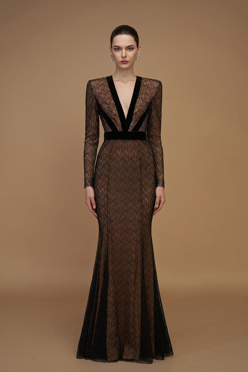 Black V-neck mermaid gown with lace and velvet from I.H.F, featuring long sleeves and elegant plunge style.