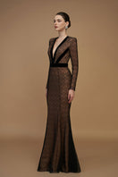 Black lace and Lyon velvet plunge gown featuring V-neck and long sleeves, designed by I.H.F, in a mermaid silhouette.