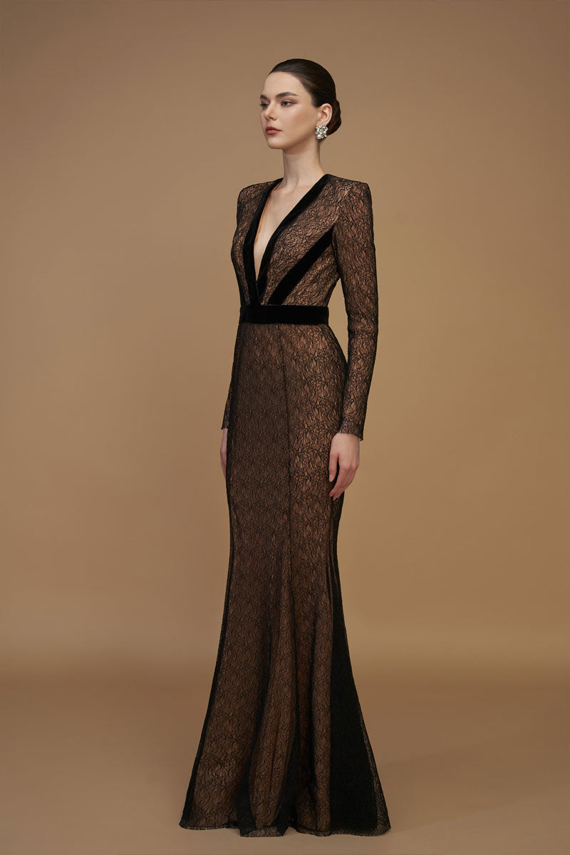 Black lace and Lyon velvet plunge gown featuring V-neck and long sleeves, designed by I.H.F, in a mermaid silhouette.