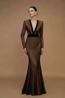 Black V-neck mermaid gown with lace and velvet, long sleeves, from I.H.F, featuring elegant design and intricate lace details.