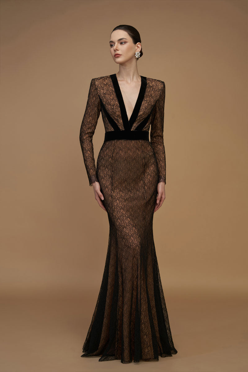 Black V-neck mermaid gown with lace and velvet, long sleeves, from I.H.F, featuring elegant design and intricate lace details.