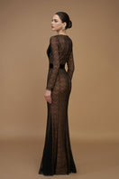 Black V-neck mermaid gown with lace and velvet from I.H.F, featuring long sleeves and elegant plunge design.