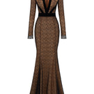 Black V-neck mermaid gown with lace and Lyon velvet details, long sleeves, designed by I.H.F.