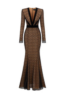 Black V-neck mermaid gown with lace and Lyon velvet details, long sleeves, designed by I.H.F.