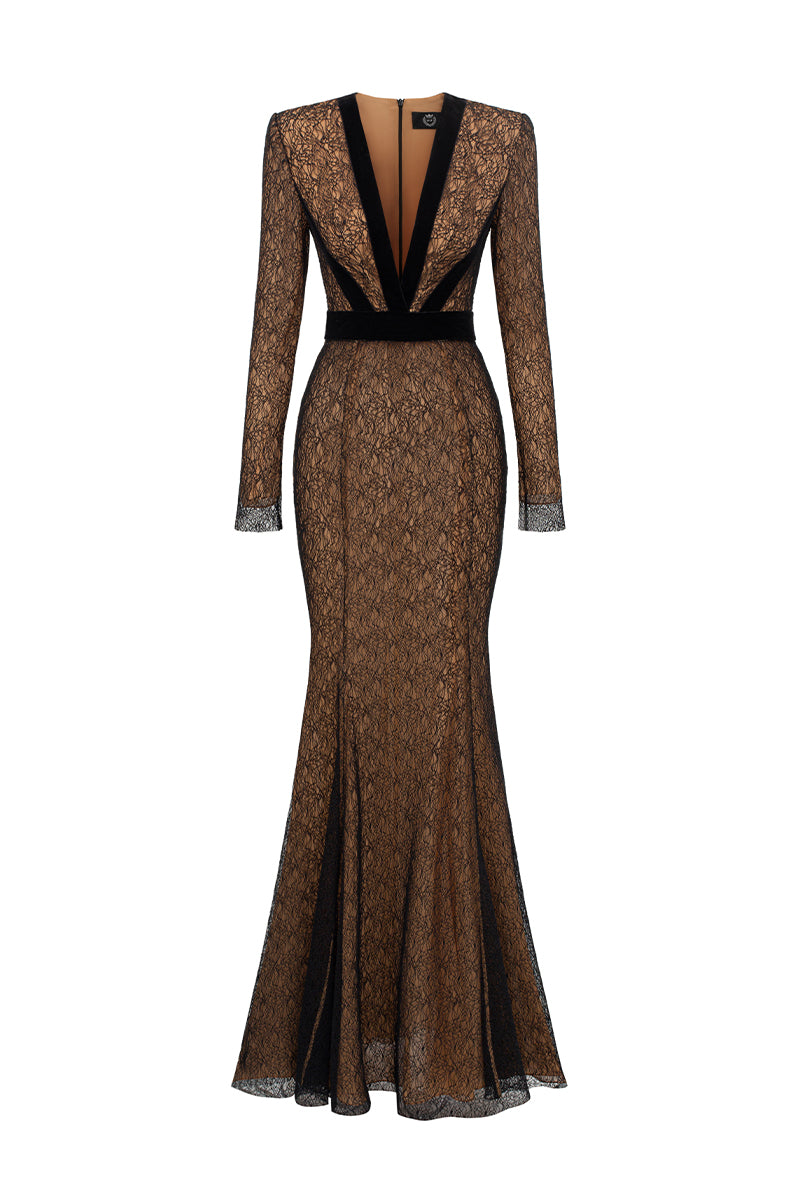 Black V-neck mermaid gown with lace and Lyon velvet details, long sleeves, designed by I.H.F.