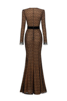 Black V-neck mermaid gown with long sleeves featuring intricate vine guipure lace and Lyon velvet from I.H.F.
