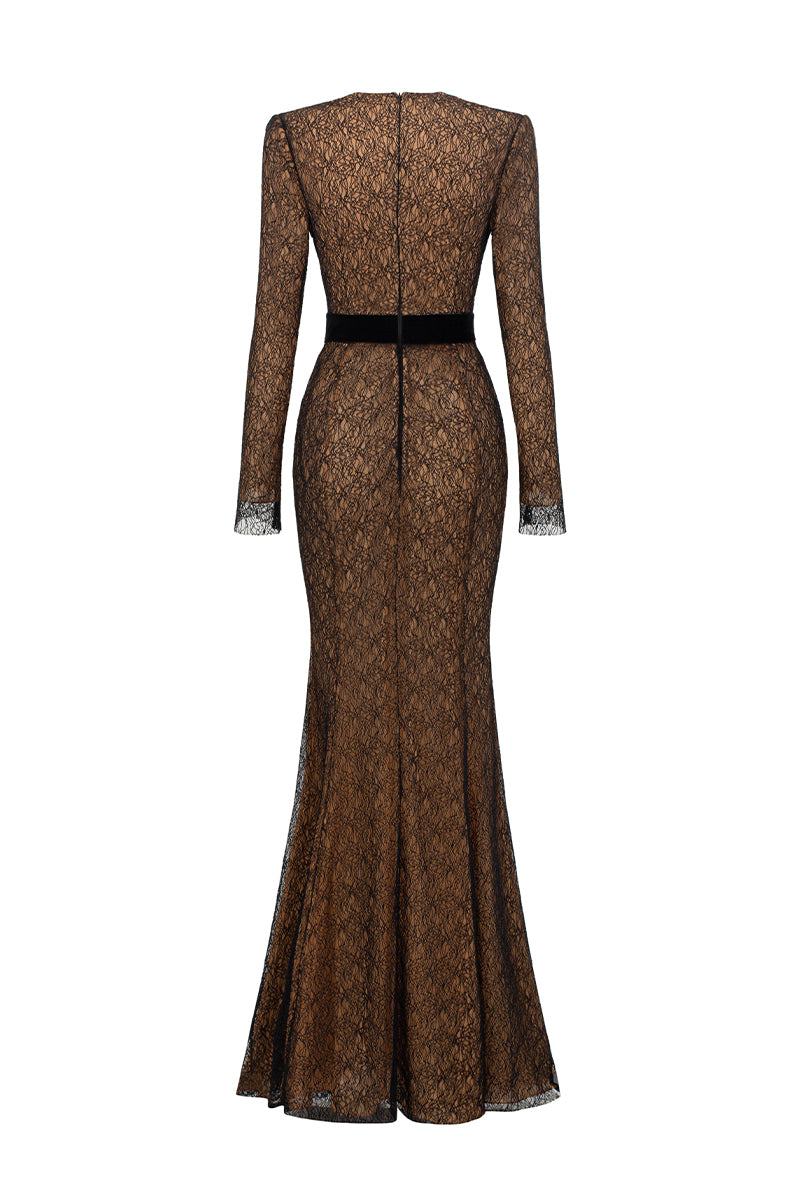 Black V-neck mermaid gown with long sleeves featuring intricate vine guipure lace and Lyon velvet from I.H.F.