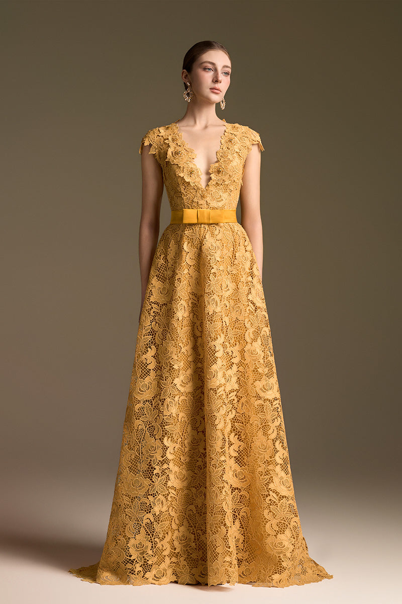 Yellow lace V-neck sleeveless A-line gown by I.H.F, featuring a stylish design and intricate guipure lace details.