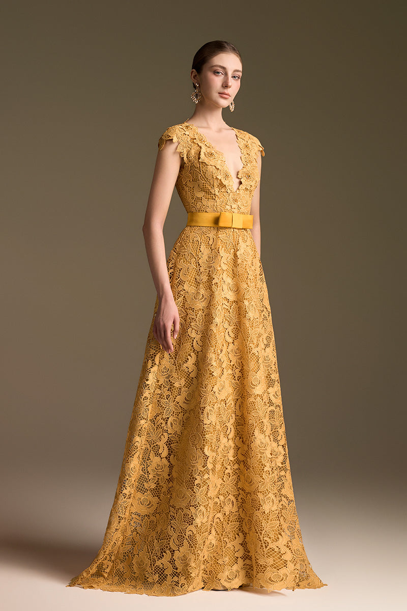 Yellow I.H.F CULT MIA X V-neck sleeveless lace A-line gown with elegant guipure lace detailing.