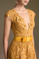 Yellow lace V-neck sleeveless A-line gown by I.H.F, featuring intricate guipure lace and elegant design.
