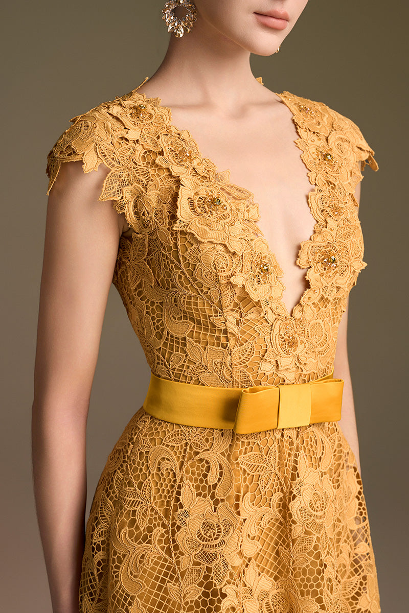 Yellow lace V-neck sleeveless A-line gown by I.H.F, featuring intricate guipure lace and elegant design.