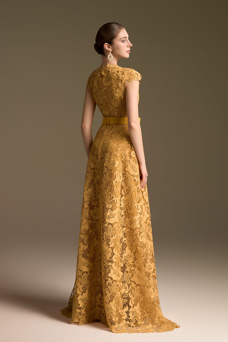 Yellow lace V-neck sleeveless A-line gown by I.H.F, featuring intricate guipure lace details and a graceful silhouette.