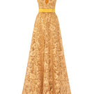Yellow lace V-neck sleeveless A-line gown by I.H.F, featuring intricate guipure lace and a flattering silhouette.