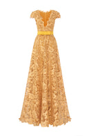 Yellow lace V-neck sleeveless A-line gown by I.H.F, featuring intricate guipure lace and a flattering silhouette.