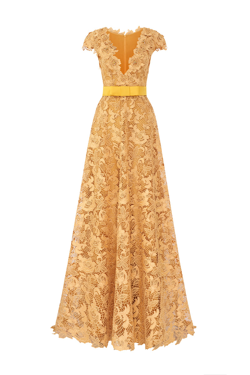 Yellow lace V-neck sleeveless A-line gown by I.H.F, featuring intricate guipure lace and a flattering silhouette.