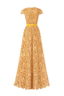 Yellow lace V-neck sleeveless A-line gown by I.H.F, featuring elegant guipure lace fabric and a flattering silhouette.