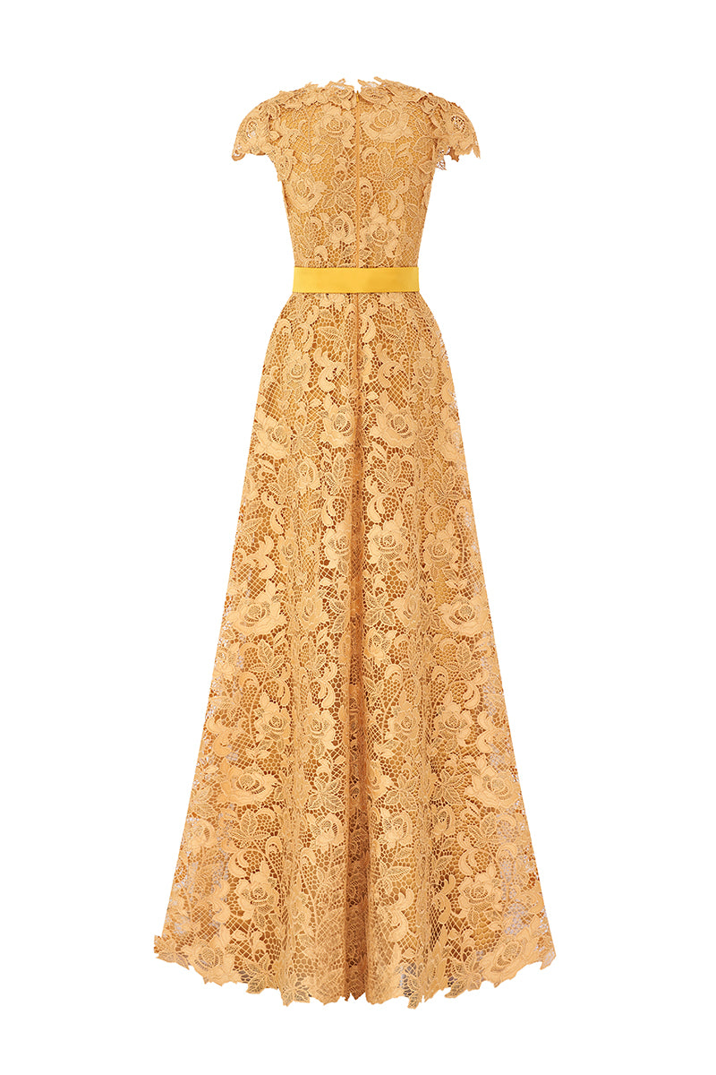 Yellow lace V-neck sleeveless A-line gown by I.H.F, featuring elegant guipure lace fabric and a flattering silhouette.