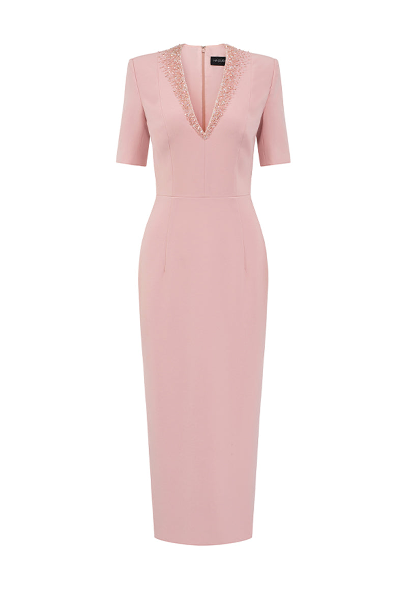 ROBE À COL EN V, LONGUEUR JUSQU'AU GENOU, ROSE CLAIR