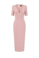Light pink V-neck midi dress with crystal-embellished neckline by I.H.F Studio, knee-length and elegant for special occasions.