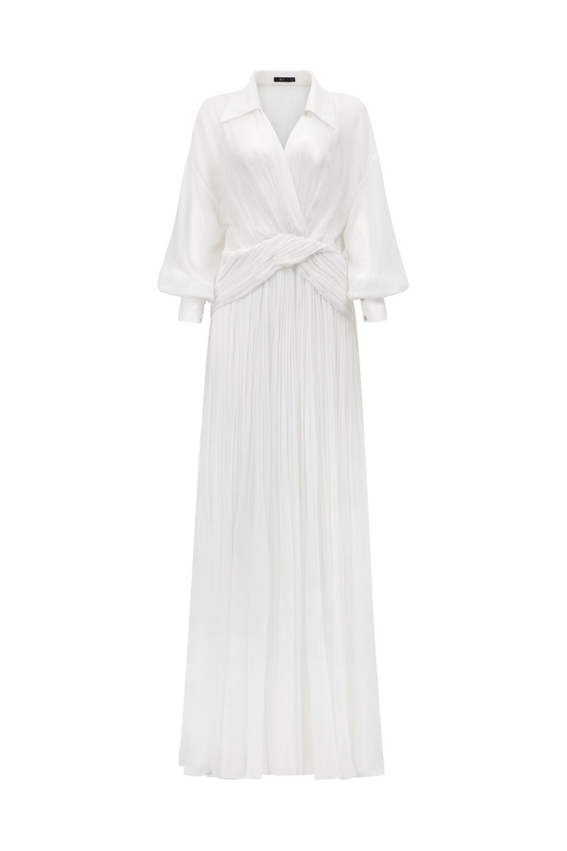 Elegant 21Six Clementina chiffon pleated maxi dress with flowing fabric and a stylish silhouette, perfect for formal occasions.