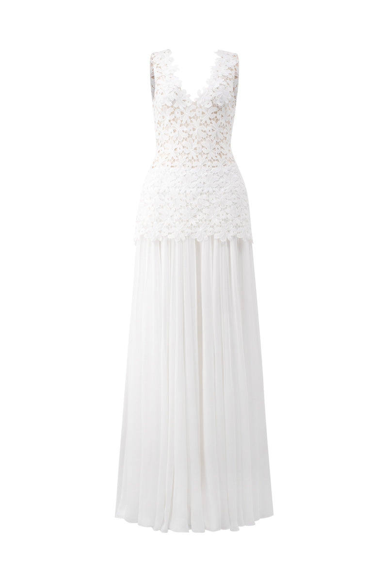 GABRIELLA WHITE FLORAL LACE MIXED CHIFFON DRESS - CULT MIA