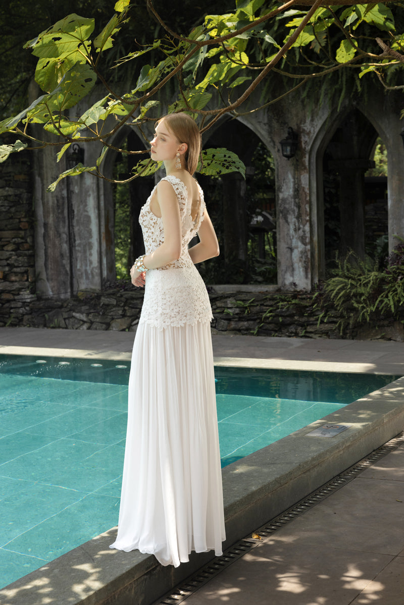 GABRIELLA WHITE FLORAL LACE MIXED CHIFFON DRESS - CULT MIA