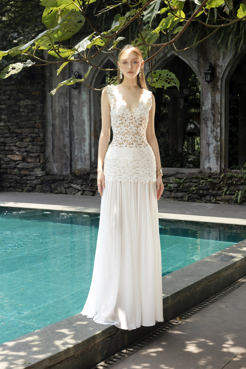 GABRIELLA WHITE FLORAL LACE MIXED CHIFFON DRESS - CULT MIA