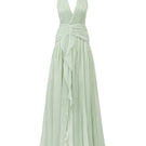 DOROTHEA Mint Silk Pleated Maxi Dress by 21Six, flowing fabric with pleats, sleeveless design, and elegant V-neck style.