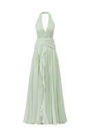 DOROTHEA Mint Silk Pleated Maxi Dress by 21Six, flowing fabric with pleats, sleeveless design, and elegant V-neck style.