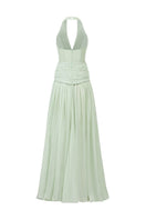 Mint silk pleated maxi dress by 21Six, flowing fabric with pleats, sleeveless design, and elegant ankle-length silhouette.