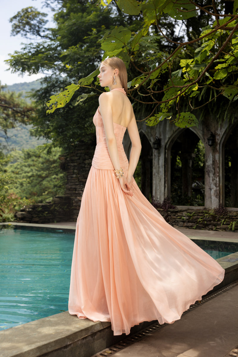 DOROTHEA PEACH FUZZ SILK PLEATED DRESS - CULT MIA