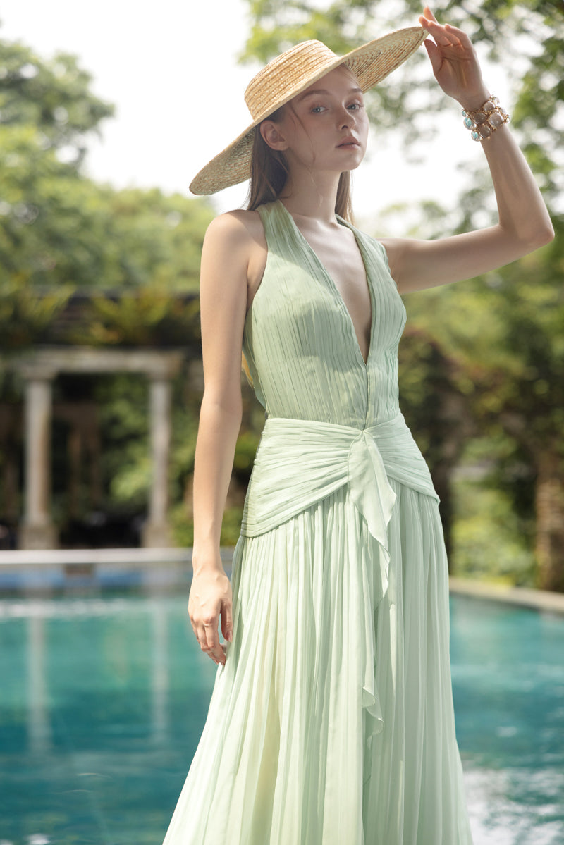 DOROTHEA MINT SILK PLEATED DRESS - CULT MIA