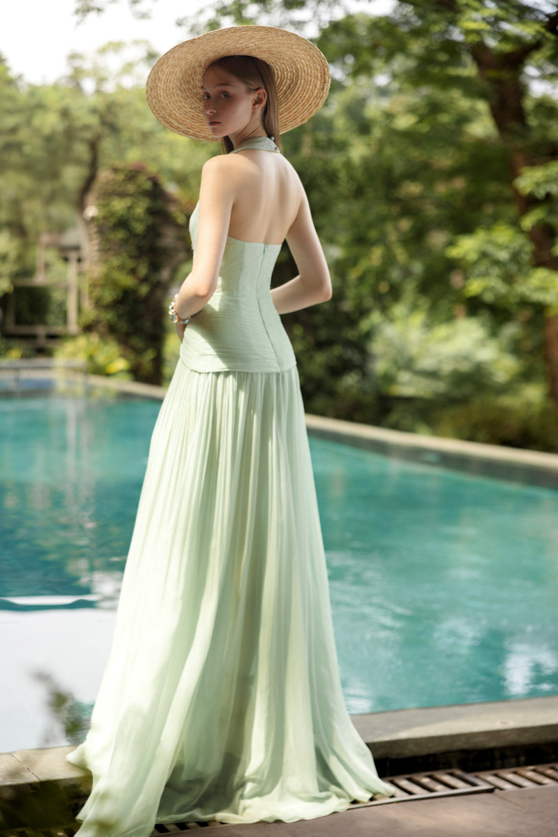 DOROTHEA MINT SILK PLEATED DRESS - CULT MIA
