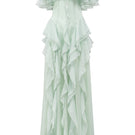 Elegant mint silk maxi dress with ruffle details from 21Six, featuring flowing fabric and a stylish, feminine silhouette.