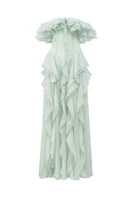 Elegant mint silk maxi dress with ruffle details from 21Six, featuring flowing fabric and a stylish, feminine silhouette.