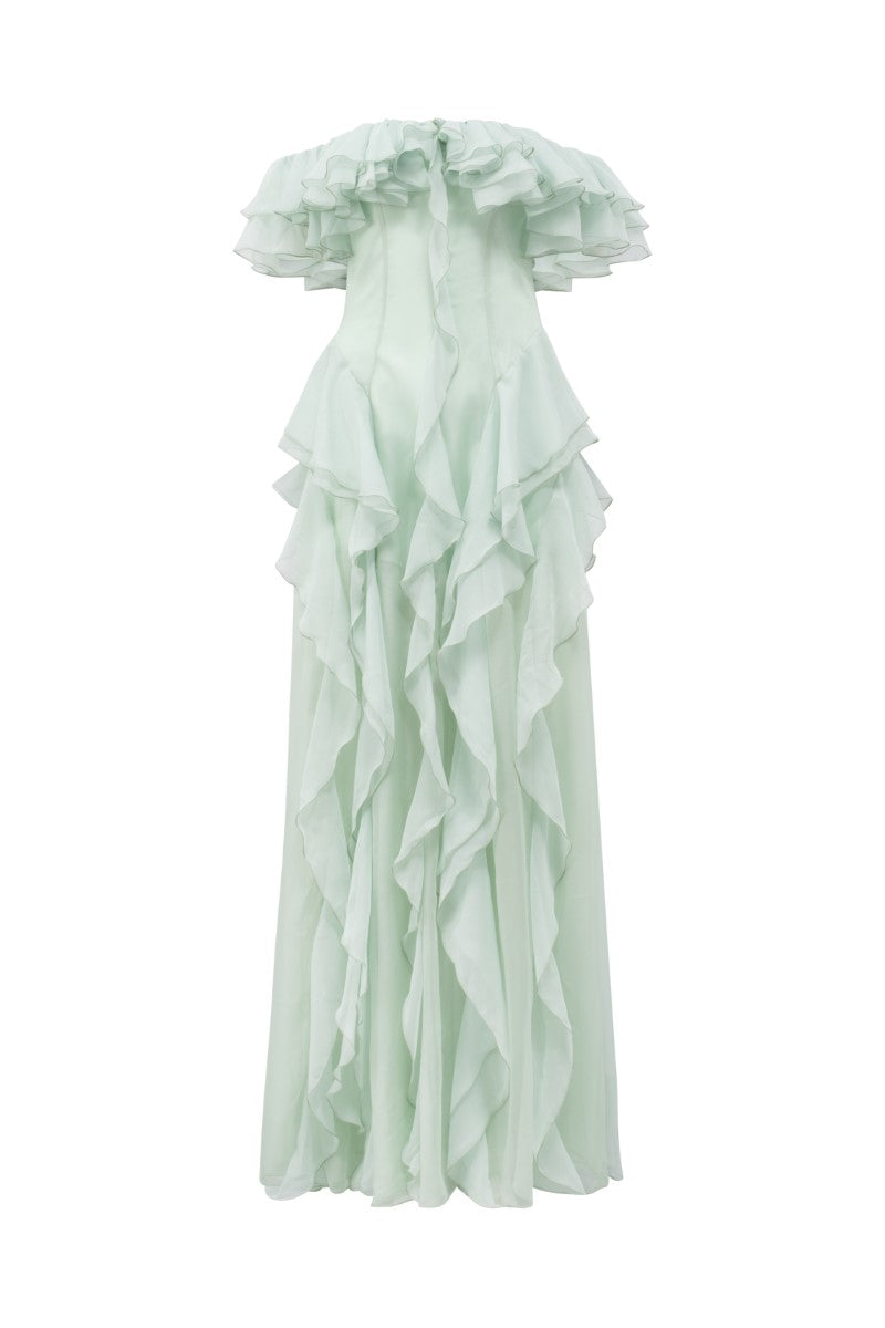 Elegant mint silk maxi dress with ruffle details from 21Six, featuring flowing fabric and a stylish, feminine silhouette.
