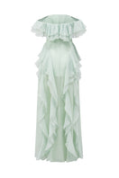 Elegant mint silk maxi dress with ruffle details from 21Six, featuring a flowing silhouette and delicate design.