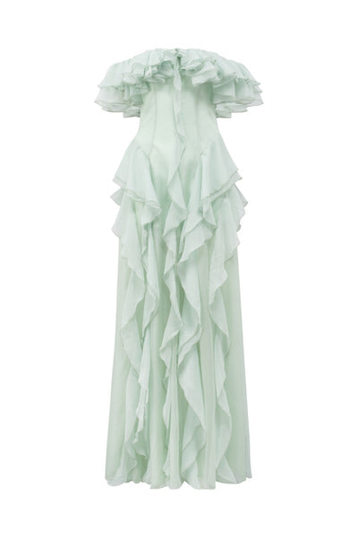alice mccall lover to lover dress green ELISABETH MINT SILK RUFFLES | CULT MIA Edgy Essentials CLP Glitter Sheer Bodice Mesh Color:Paradise Green