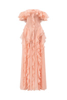 Peach fuzz silk ruffle maxi dress by 21Six featuring flowing fabric and layered ruffle details.