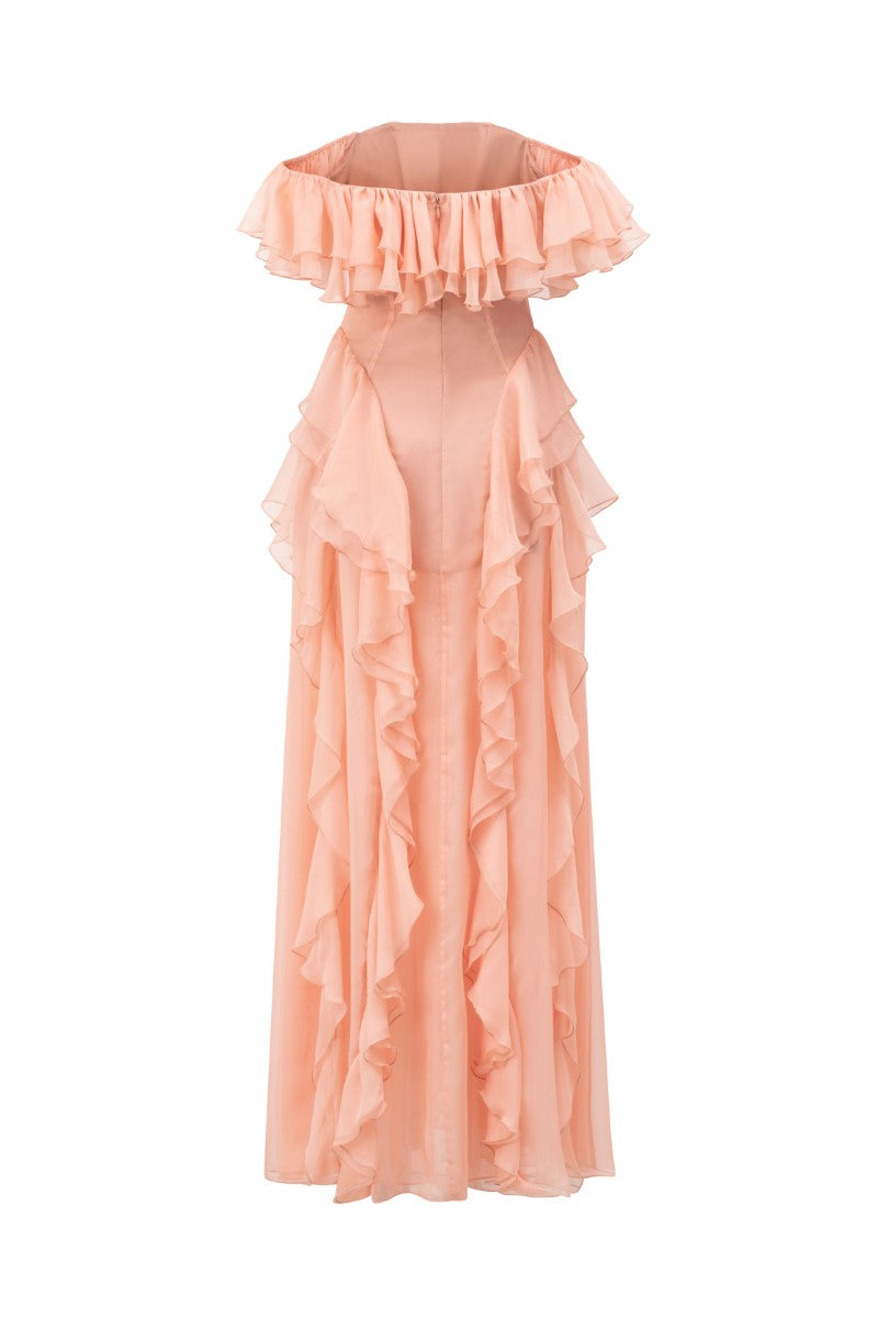 ELISABETH PEACH FUZZ SILK RUFFLES DRESS - CULT MIA