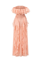 Peach fuzz silk ruffled maxi dress by 21Six featuring flowing fabric and elegant ruffle details.