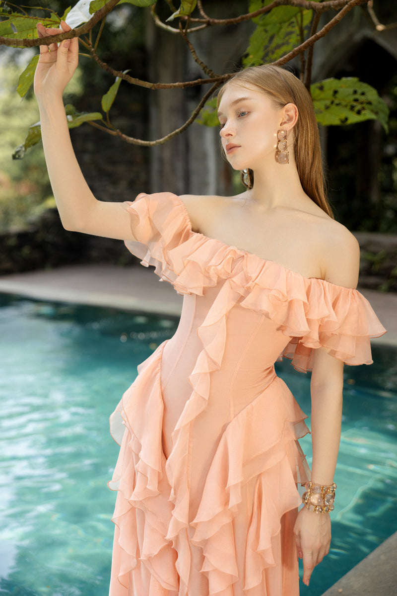 Elegant peach silk ruffle maxi dress by 21Six featuring soft fuzz texture and flowing silhouette, perfect for stylish summer occasions.