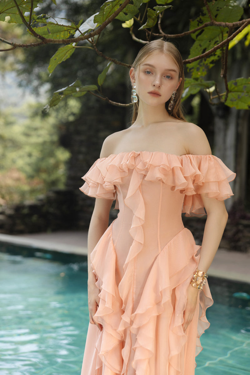 Peach silk ruffle maxi dress by 21Six featuring fuzzy fabric and elegant ruffle details, perfect for summer or special occasions.