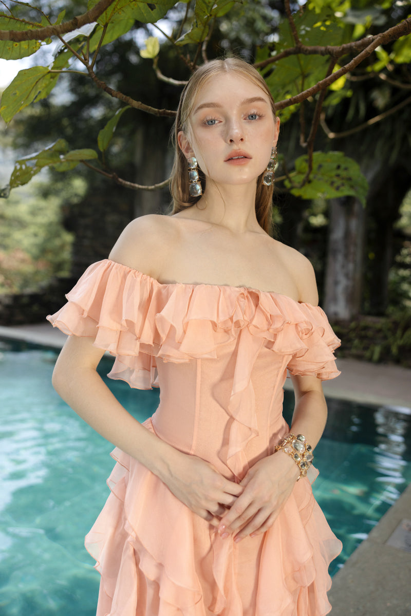 pink silk ruffle dress Kimber Floral Ruffle Maxi Dress Shop American Threads Boutique Blue / S