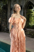 Elizabeth peach fuzzy silk ruffle maxi dress by 21Six, featuring soft fabric, ruffled details, and flowing silhouette.
