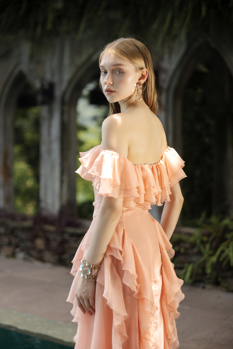 ELISABETH PEACH FUZZ SILK RUFFLES DRESS - CULT MIA