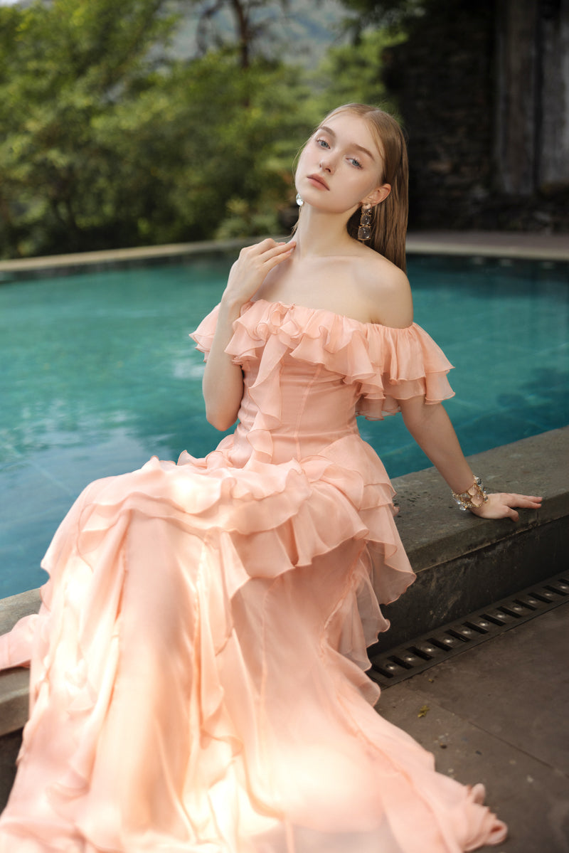 ELISABETH PEACH FUZZ SILK RUFFLES DRESS - CULT MIA